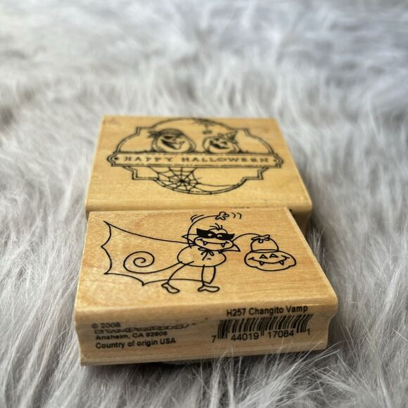2 Piece Wooden Rubber Stamp Ghost Happy Halloween Vampire Holiday Scrapbooking - Picture 2 of 4